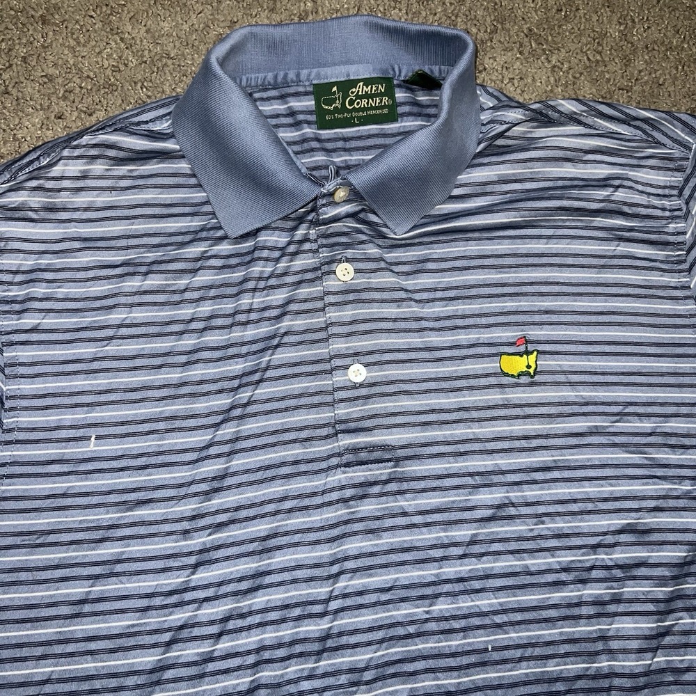 Masters Augusta National Amen Corner Golf Polo Men's Size L Blue Striped Cotton